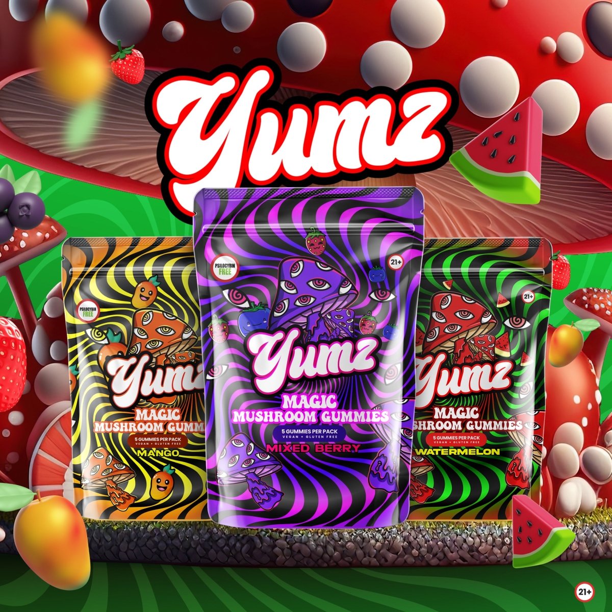 YUMZ - Magic Mushroom Gummies | FREE | Random Flavor | You Will Receive Watermelon, Mango, Mixed Berry Or Pink Lemonade..