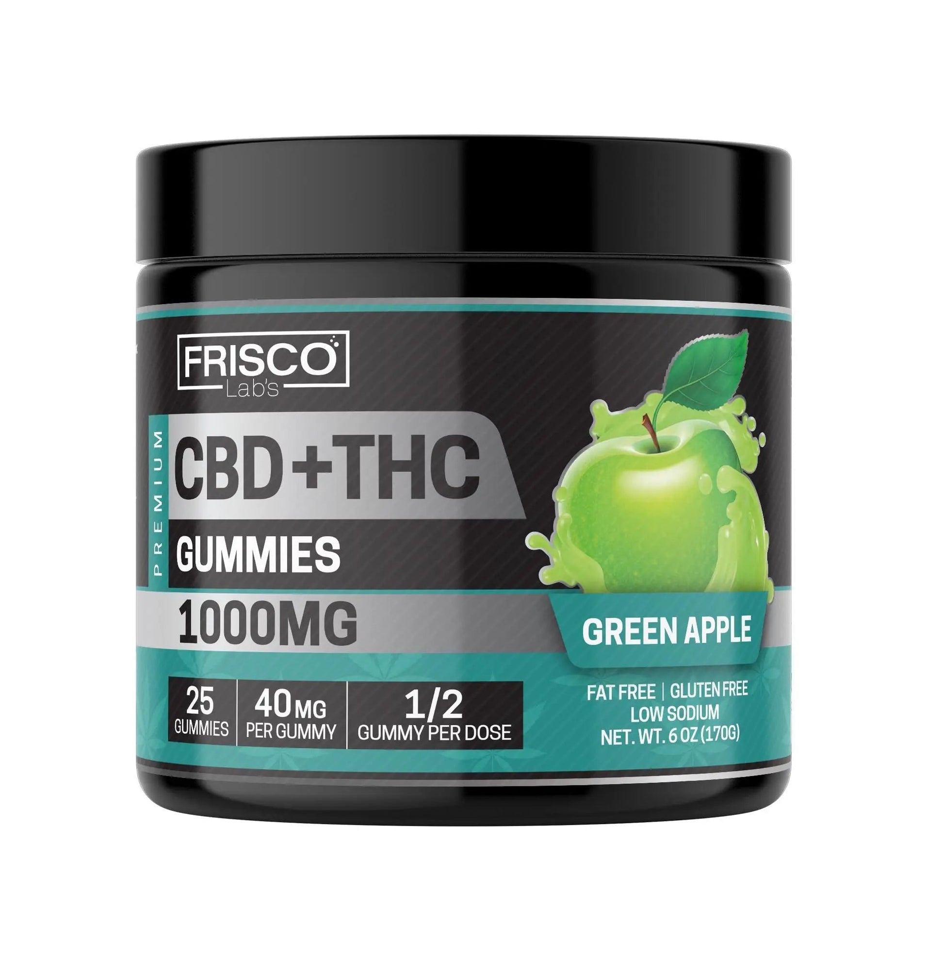 CBD+THC Gummies, Green Apple - 1000mg | 25 Pcs Gummies