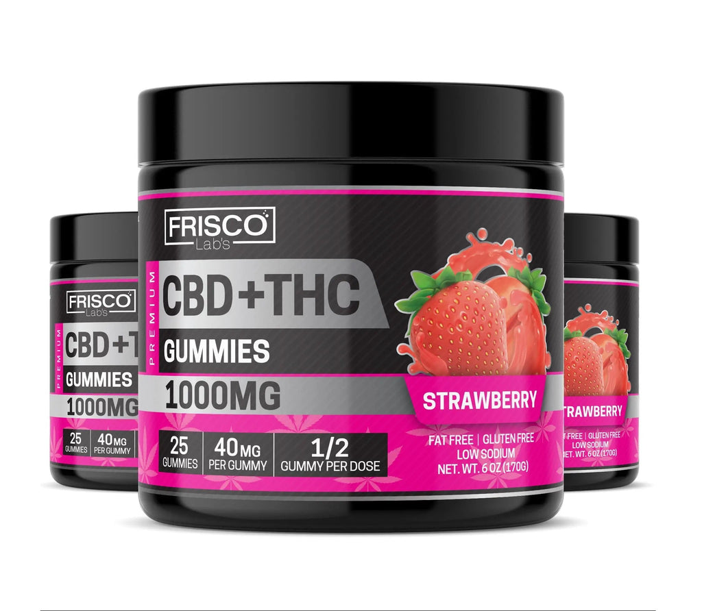 CBD+THC Gummies, Strawberry - 1000mg | 25 Pcs Gummies