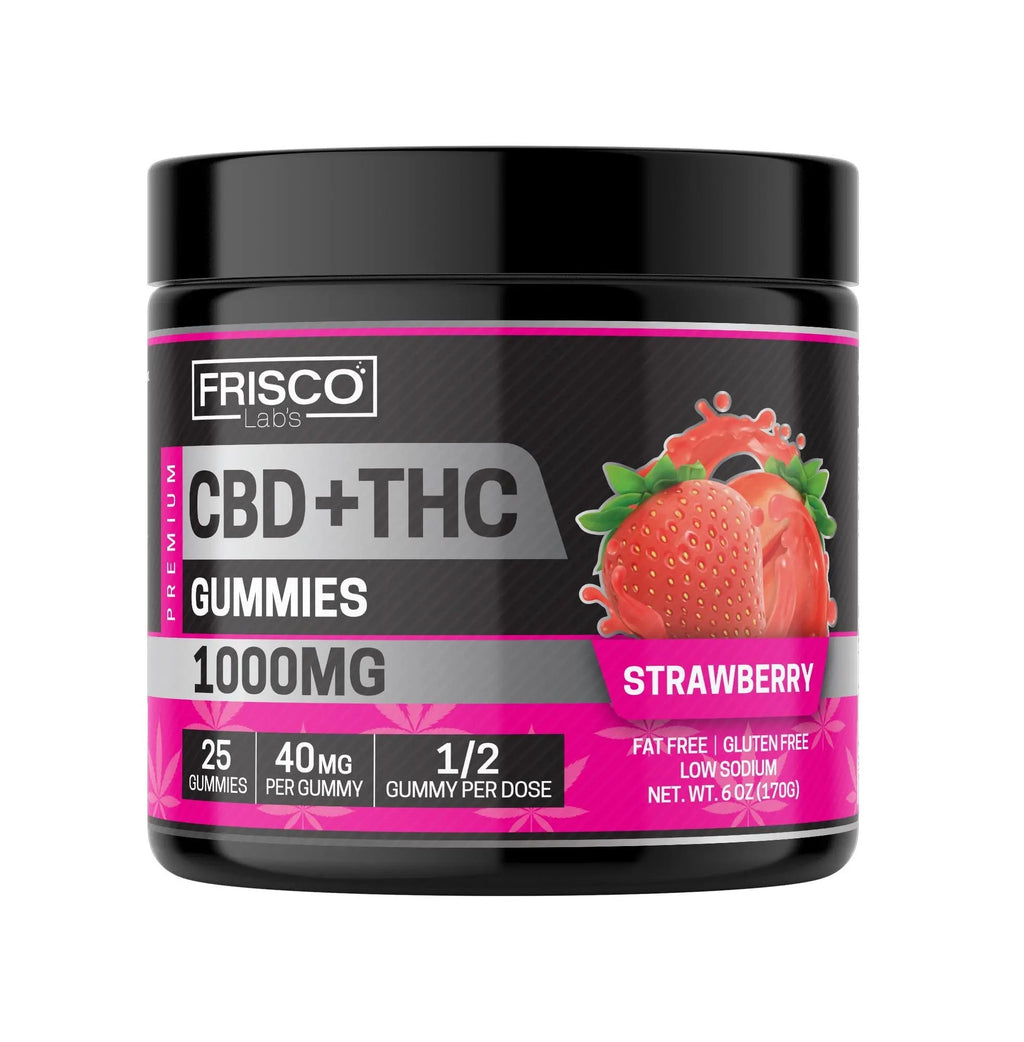 CBD+THC Gummies, Strawberry - 1000mg | 25 Pcs Gummies