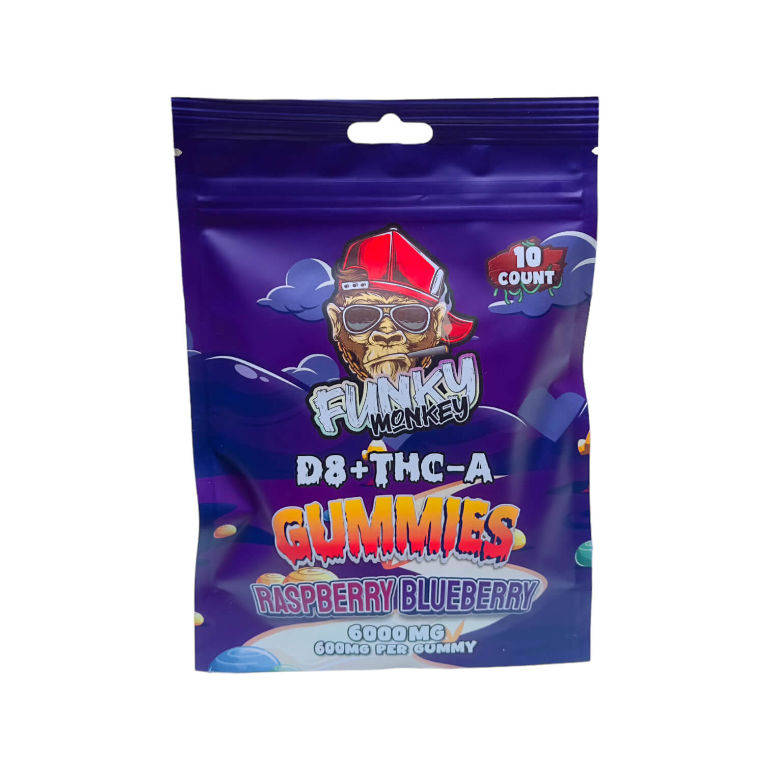 Funky Monkey - Delta 8 + THC-A Gummies - 6000 MG - Raspberry Blueberry - 10 Gummies (600MG Each)