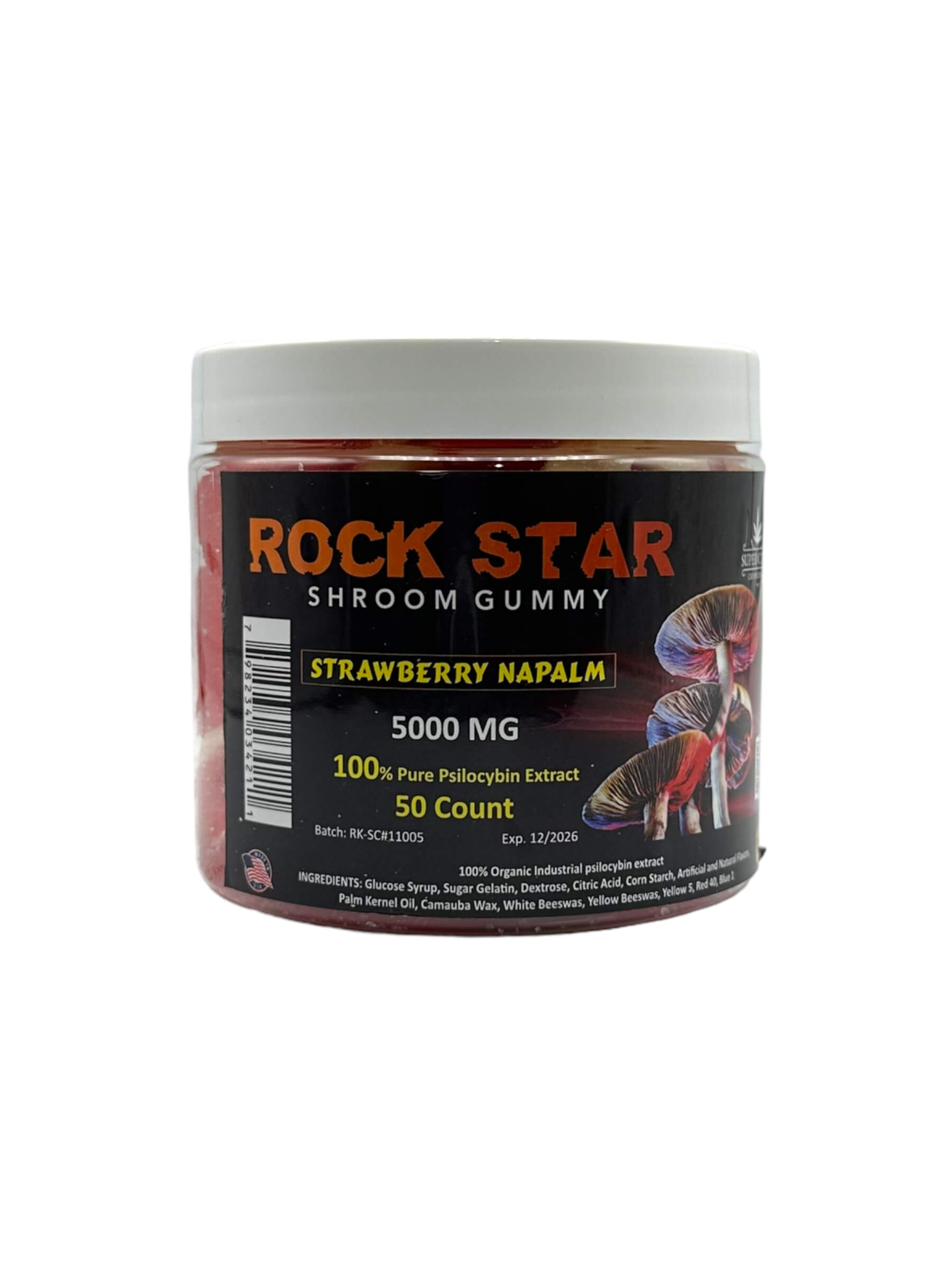 Rockstar Shroom Gummies - 5000 MG - Strawberry Napalm - 100% Natural - 50 Gummies (100MG Each) - Made in USA