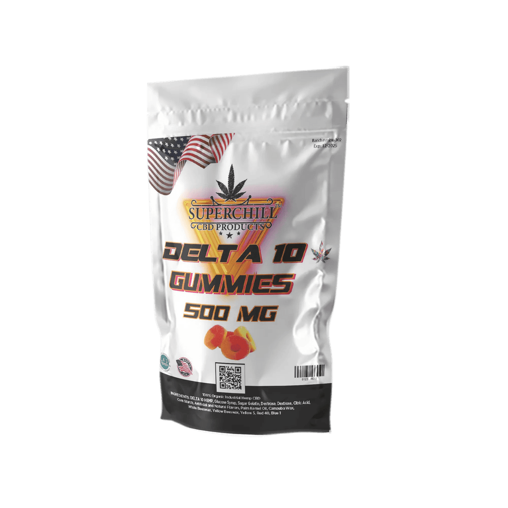 Super Chill CBD - Delta 10 Gummies Pouch - 500 MG - 100% Natural - 20 Gummies (25MG Each) - Made in USA