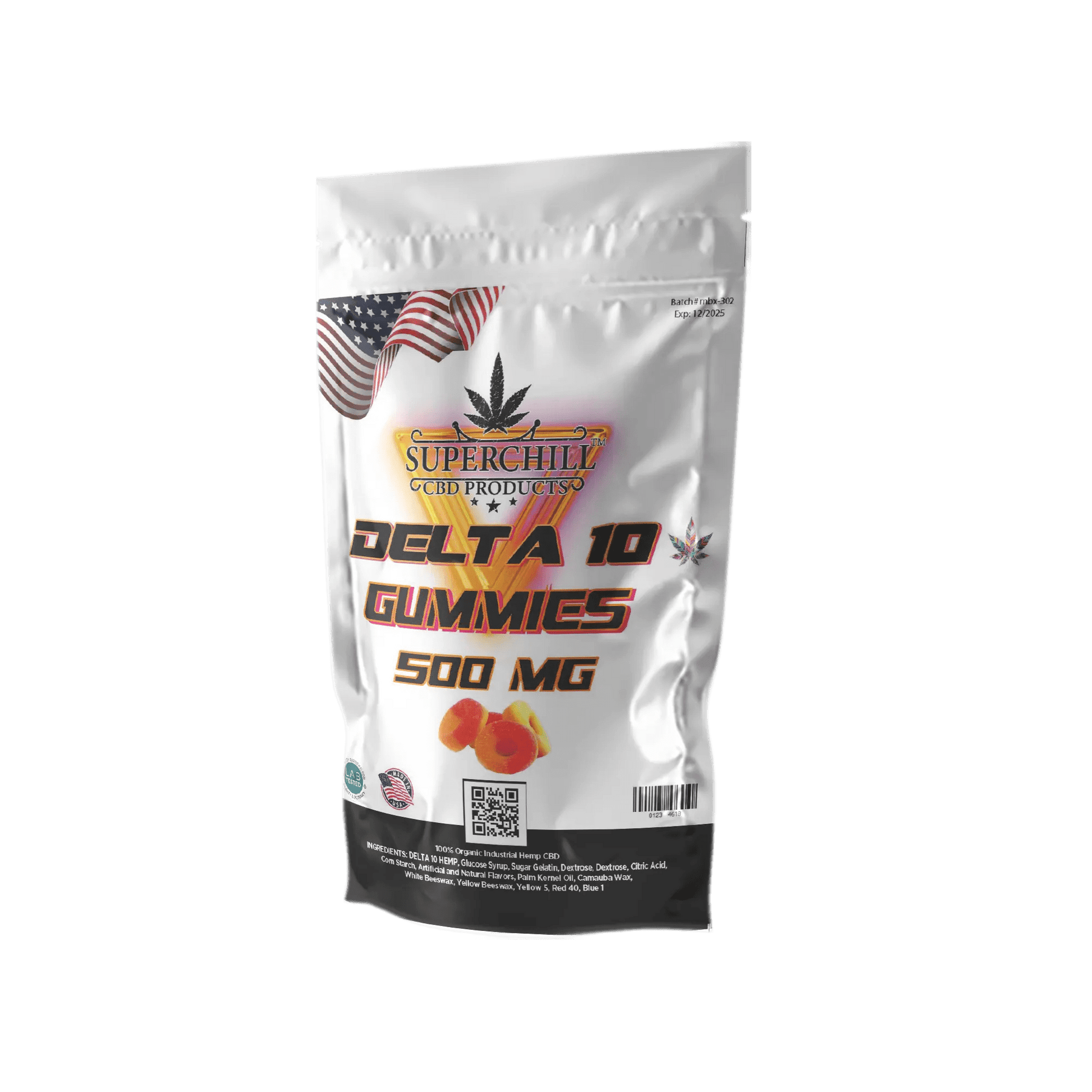 Super Chill CBD - Delta 10 Gummies Pouch - 500 MG - 100% Natural - 20 Gummies (25MG Each) - Made in USA